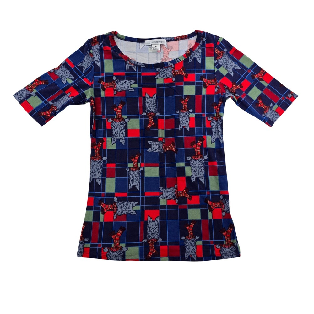 Liz Claiborne Womens XS Scottie‎ Dog Plaid Top Navy Blue Red Short Sleeve NWOT
